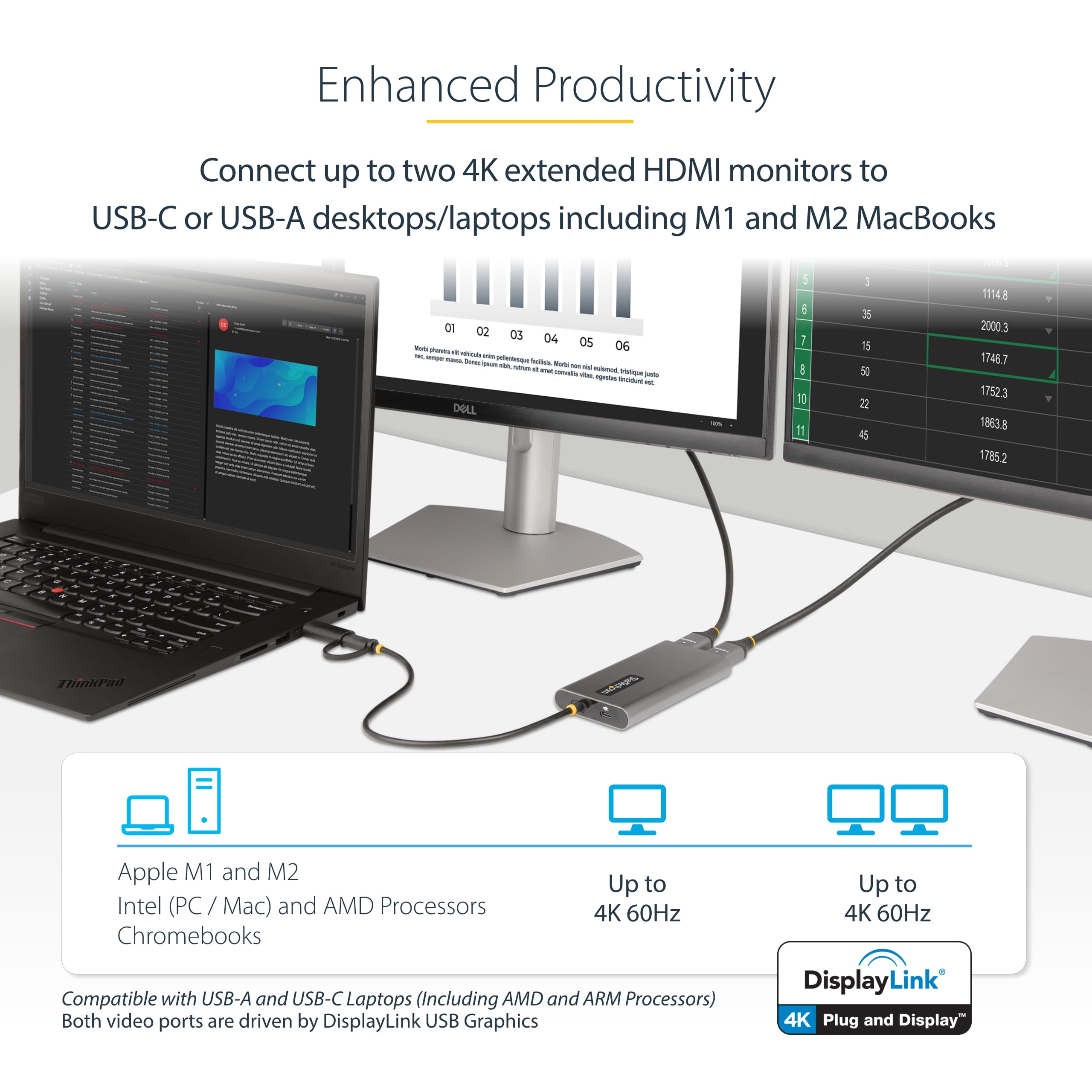 StarTech.com USB-C to Dual-HDMI Adapter, USB-C or A to 2x HDMI, 4K 60Hz, 100W PD Pass-Through, 1ft (30cm)