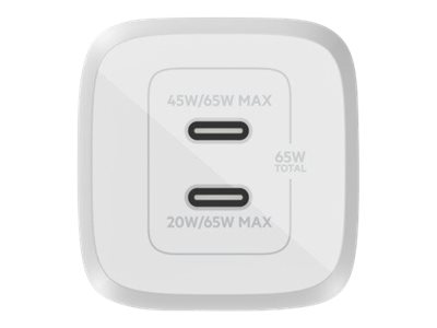 Belkin BoostCharge Pro GaN - Netzteil - PPS- und GaN-Technologie - 65 Watt - Fast Charge, PD 3.0 - 2 Ausgabeanschlussstellen (2 x USB-C)