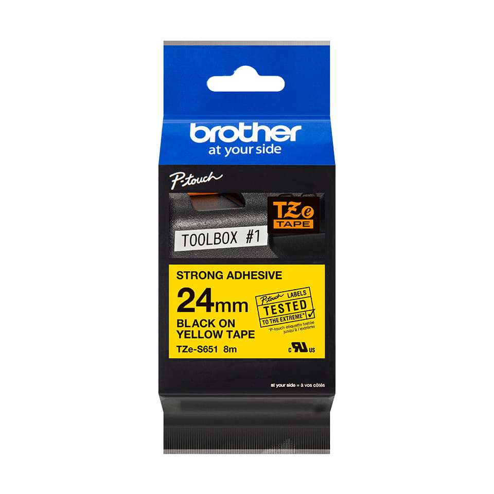 Brother TZe-S651 - Extra starker Klebstoff - Schwarz auf Gelb - Rolle (2,4 cm x 8 m)