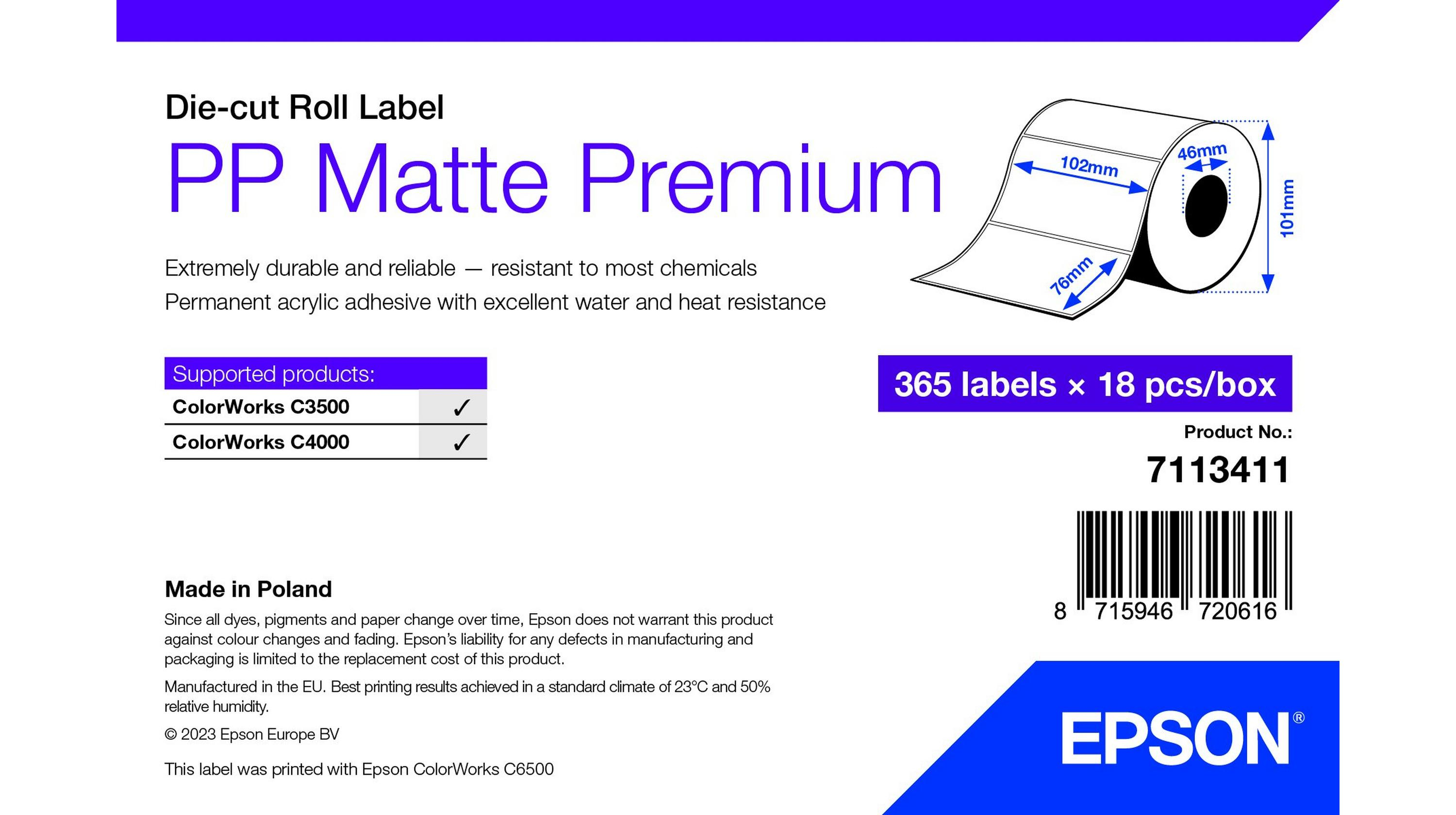 Epson Premium - Polypropylen (PP) - matt - permanenter Acrylklebstoff - 102 x 76 mm 6570 Etikett(en) (18 Rolle(n)