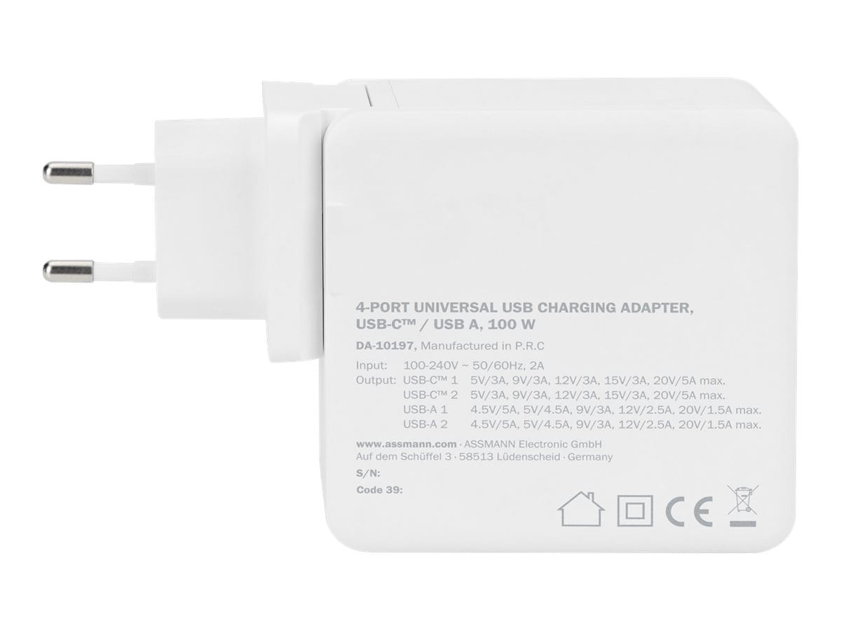 DIGITUS Netzteil - 100 Watt - 5 A - PD 3.0 - 4 Ausgabeanschlussstellen (2 x USB, 2 x USB-C)