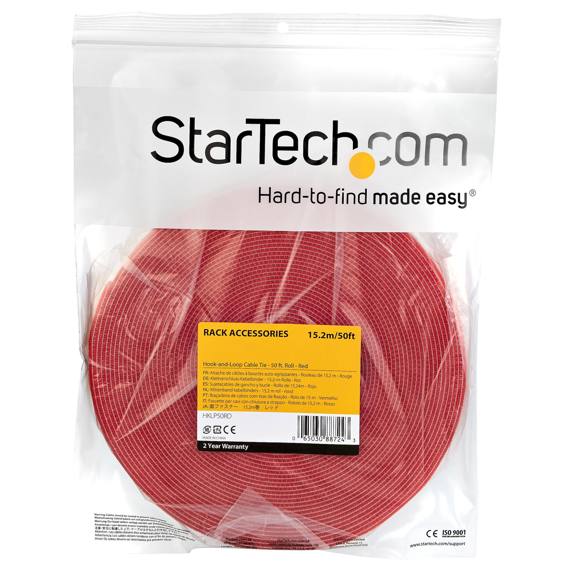 StarTech.com HKLP50RD Klettkabelbinder (15m, frei zuschneidbar & wiederverwendbar) rot