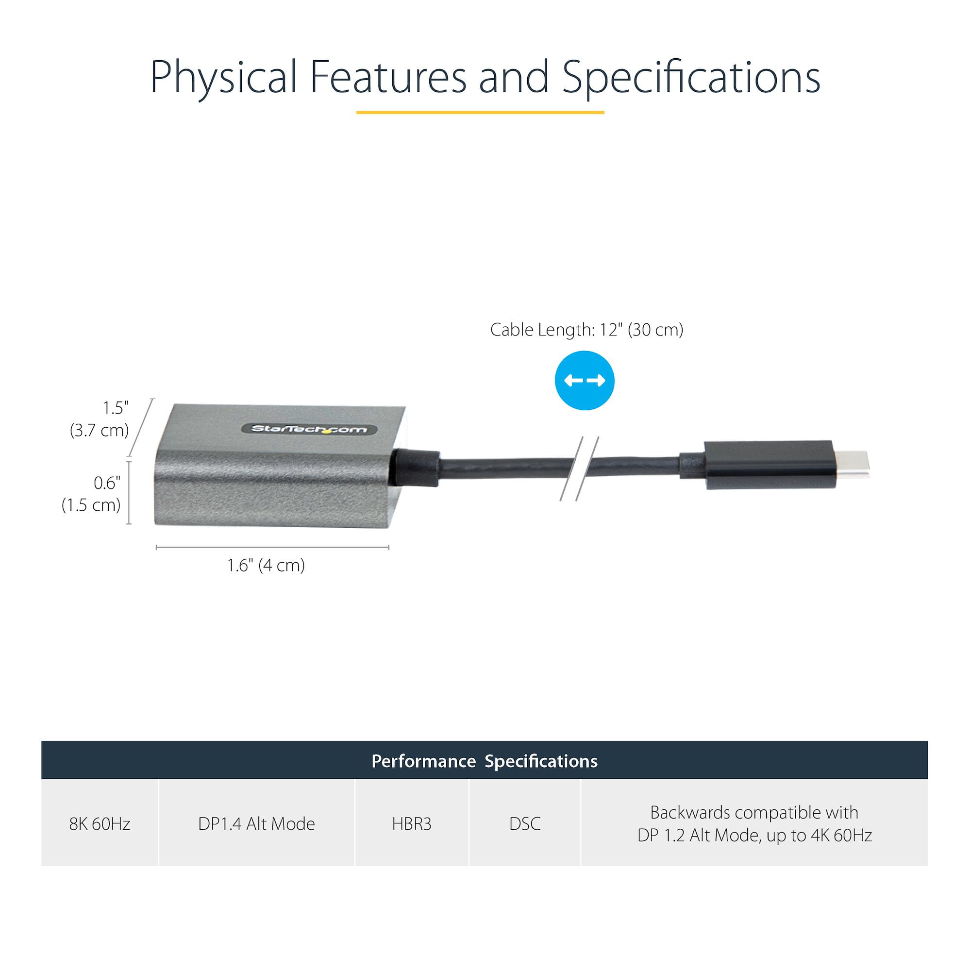 StarTech.com USB-C auf DisplayPort Adapter - 8K/4K 60Hz USB-C zu DisplayPort 1.4-Adapter Dongle - USB-Type-C auf DP Monitor Videokonverter - Funktioniert mit Thunderbolt 3 - 30cm Kabel (CDP2DPEC)