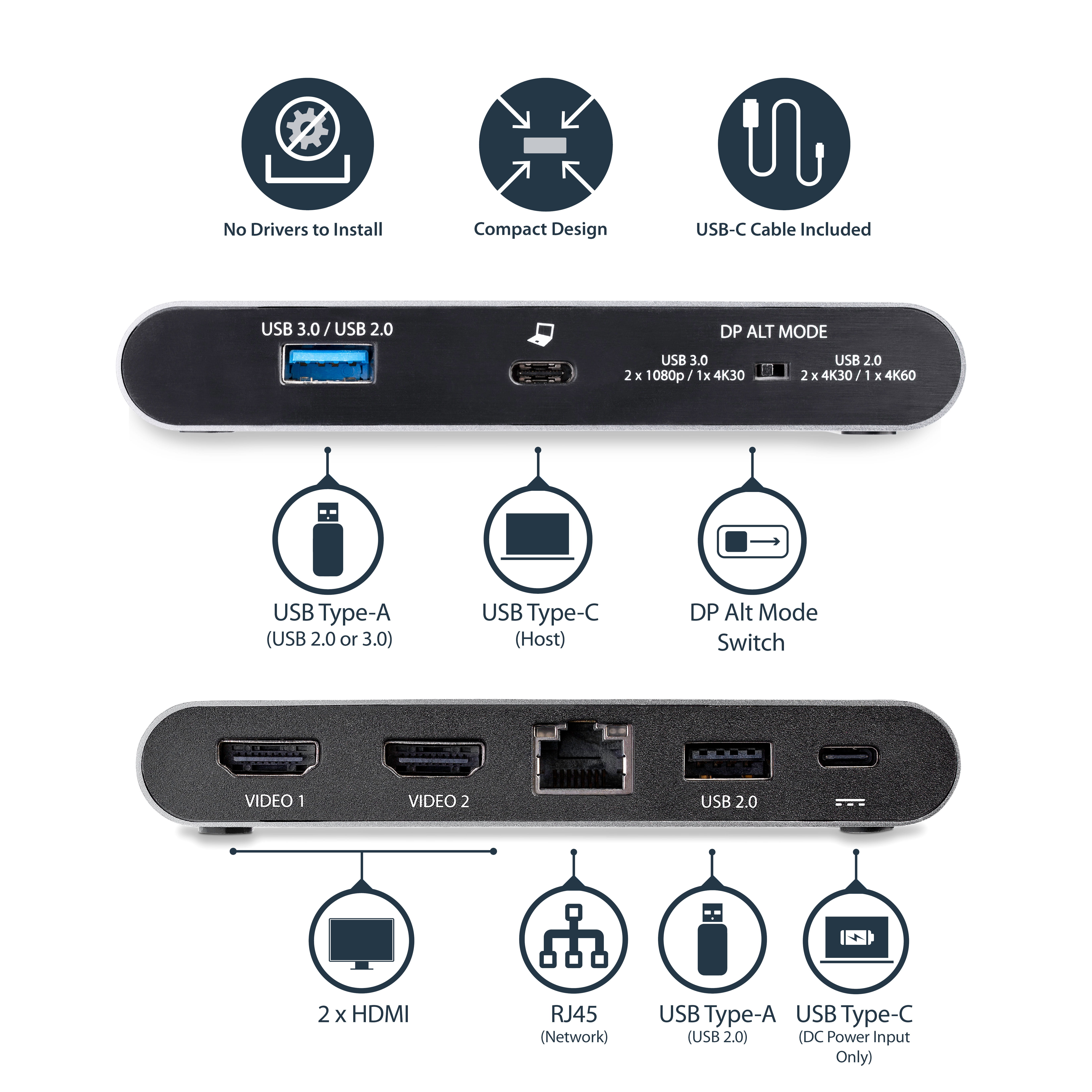 StarTech.com USB-C-Dock - USB-C Hub - 4K HDMI USB-C-Dockingstation -  Mini dock - Dual Monitor - 100W Power Delivery Passthrough -  GbE, 2 x USB-A Anschlüsse  - Multiport-Adapter (DK30C2HAGPD)