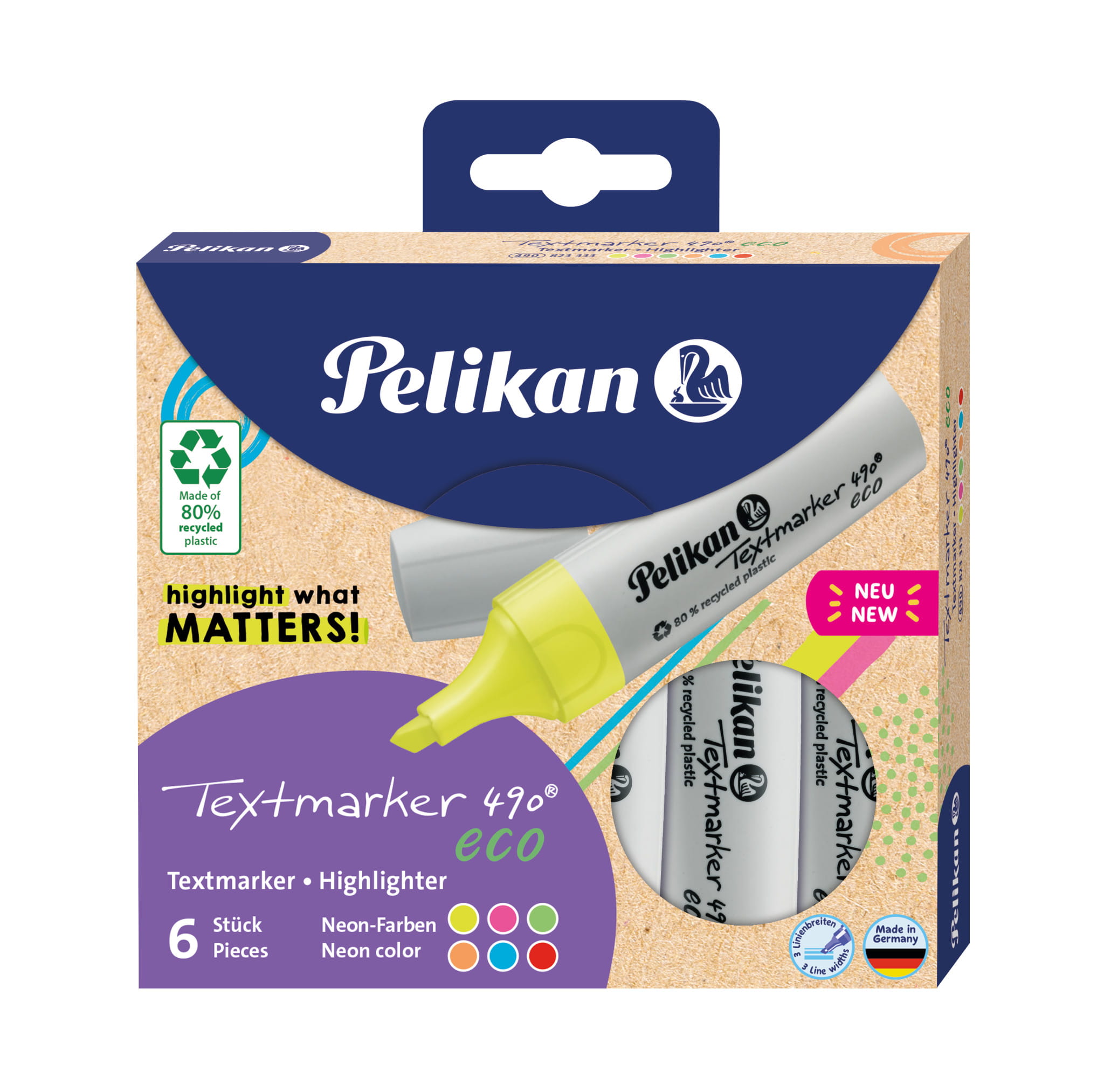 Pelikan Textmarker 490 eco, 6 Stück(e), Mehrfarbig, Meißel, Recycelbarer Kunststoff, Fett/Fein/Mittel, 1 mm