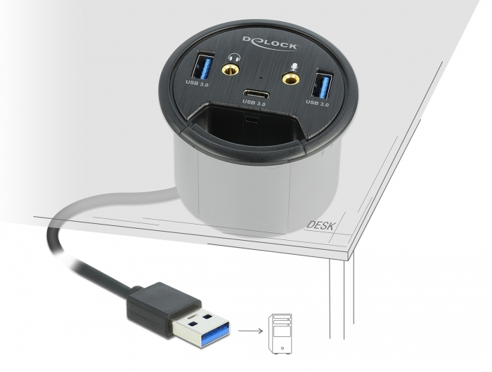 Delock In-Desk Hub - Hub - 2 x USB 3.2 Gen 1 + 2 x Audio + 1 x USB-C 3.2 Gen 1