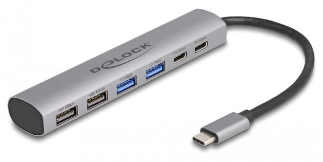 Delock 6 Port USB Hub mit 4 x USB Typ-A Buchse und 2 x USB Type-C Buchse, Kabelgebunden, USB 3.2 Gen 1 (3.1 Gen 1) Type-A + Type-C, Grau, Aluminium, 25 mm, 125 mm