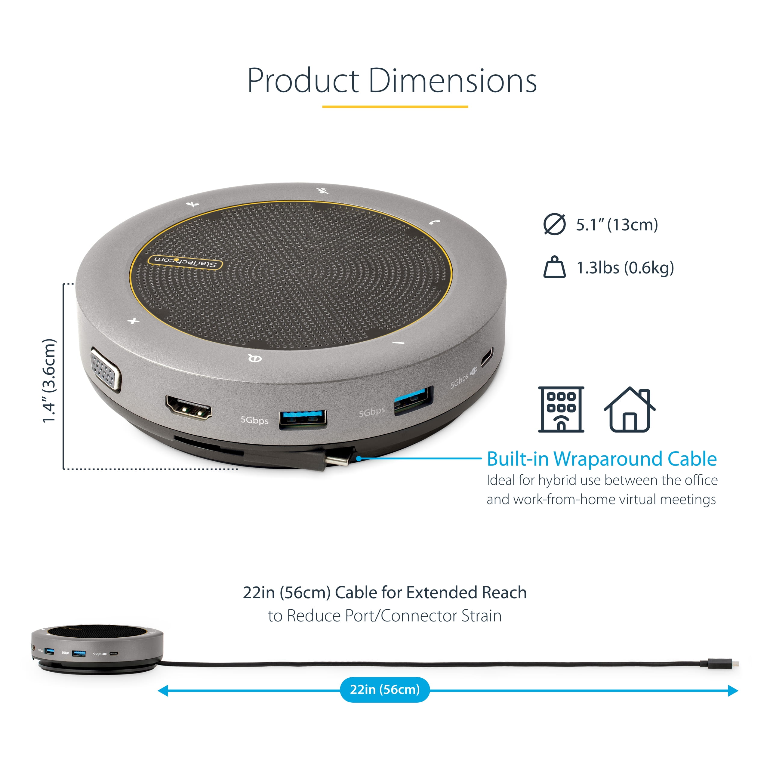 StarTech.com USB-C Conference Speaker Mini Dock, Portable Boardroom Speaker and Multiport Adapter, USB-C to VGA or 4K 60Hz HDMI, 2x USB-A (5Gbps)