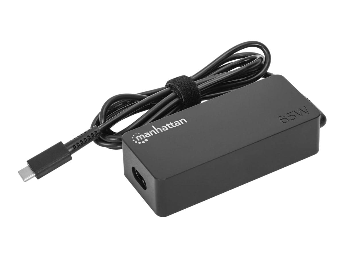 Manhattan USB-C Power Delivery Laptop Charger 65W, AC to Type-C Power Adapter, Universal Voltage Compatible with Most Notebooks, Ideal as Second or Replacement Power Supply, Includes Detachable AC Power Cable and Built-in USB-C PD Cable, Black