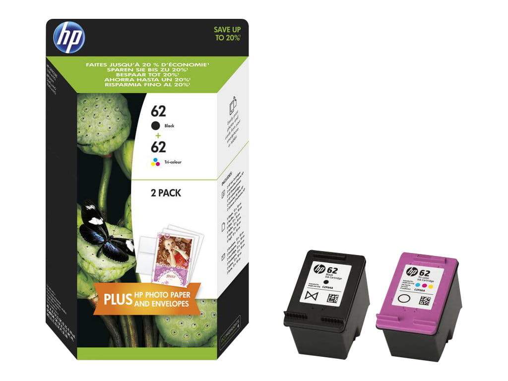 HP 62 - 2er-Pack - pigmentiertes Schwarz, Farbe (Cyan, Magenta, Gelb)