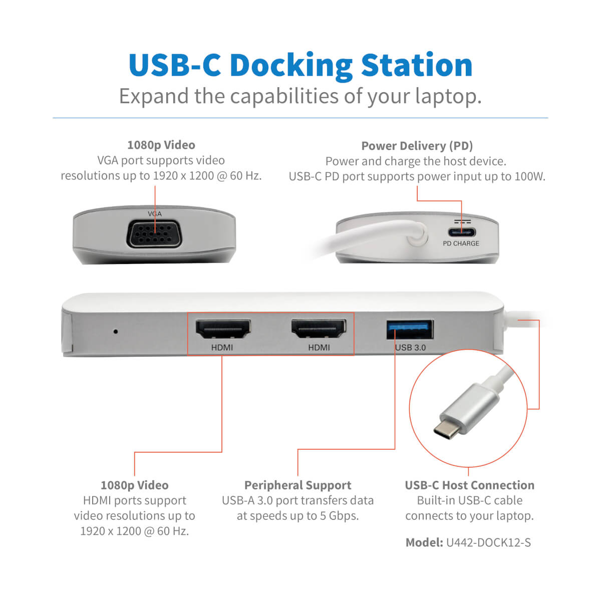 Eaton Tripp Lite Series USB C Docking Station w/ USB-A Hub, 2x HDMI, VGA, PD Charging 1080p @ 60 Hz, Silver USB Type C, USB-C, USB Type-C Thunderbolt 3 Compatible