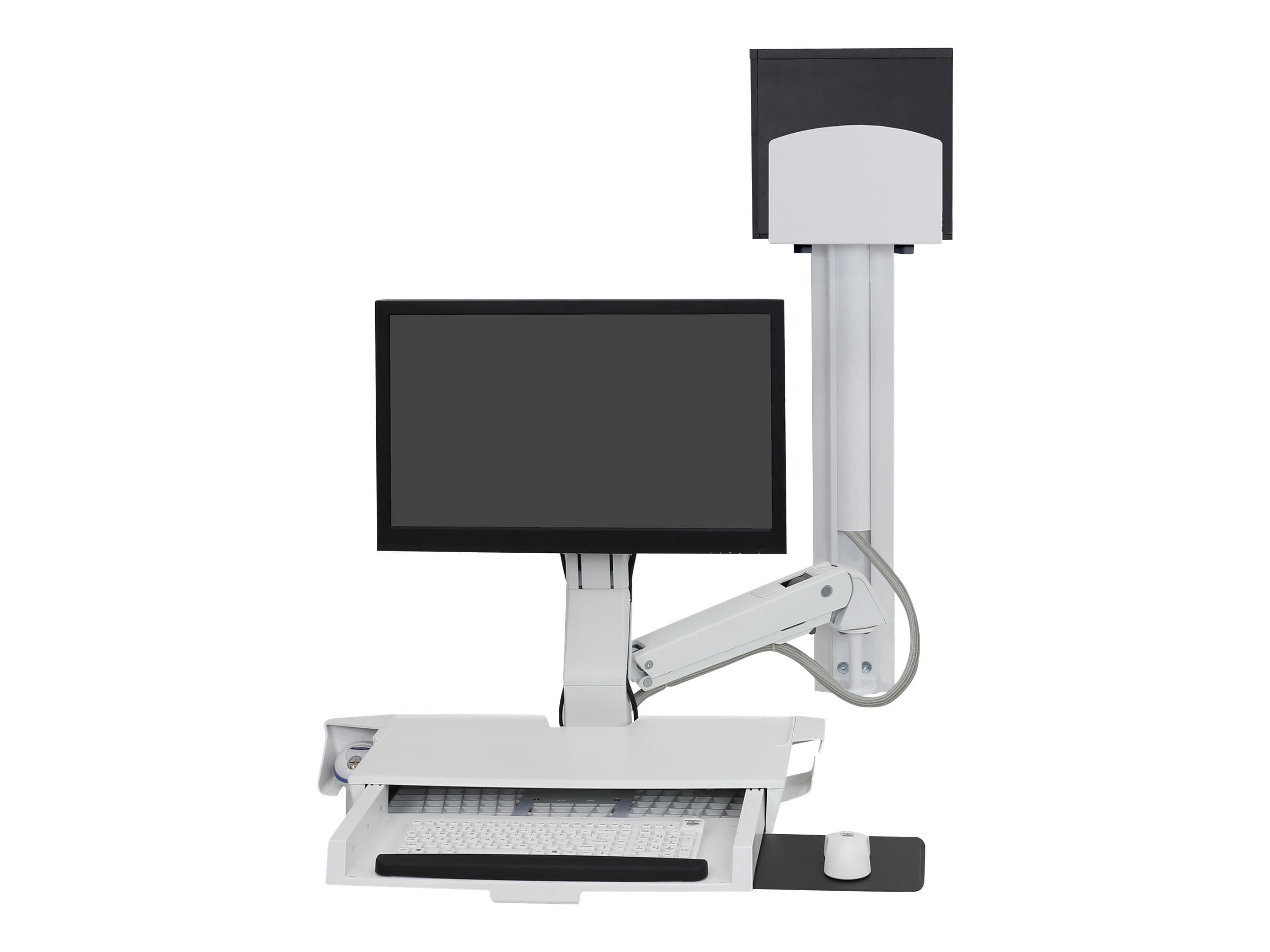 Ergotron SV Combo System with Worksurface & Pan, Medium CPU Holder - Befestigungskit (CPU-Halter, Handgelenkkissen, Wandmontagehalterung, Schienenmontage Halterungsset, Mausablage zum Herausziehen, Monitorhalterung, Ablage für Barcode-Scanner und Maus, 