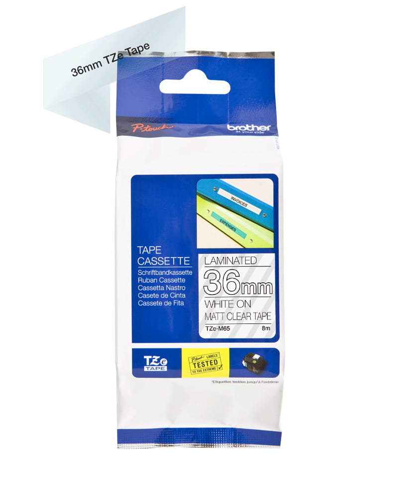 Brother TZe-M65 - Matt - Klebstoff - weiß auf transparent matt - Rolle (3,6 cm x 8 m)