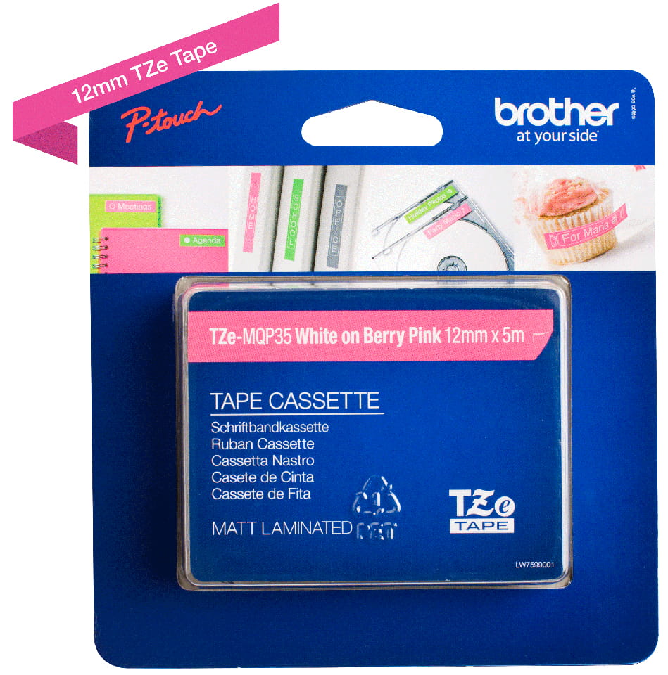 Brother TZe-MQP35 - Matt - Weiß auf Berry Pink - Rolle (1,2 cm x 5 m)