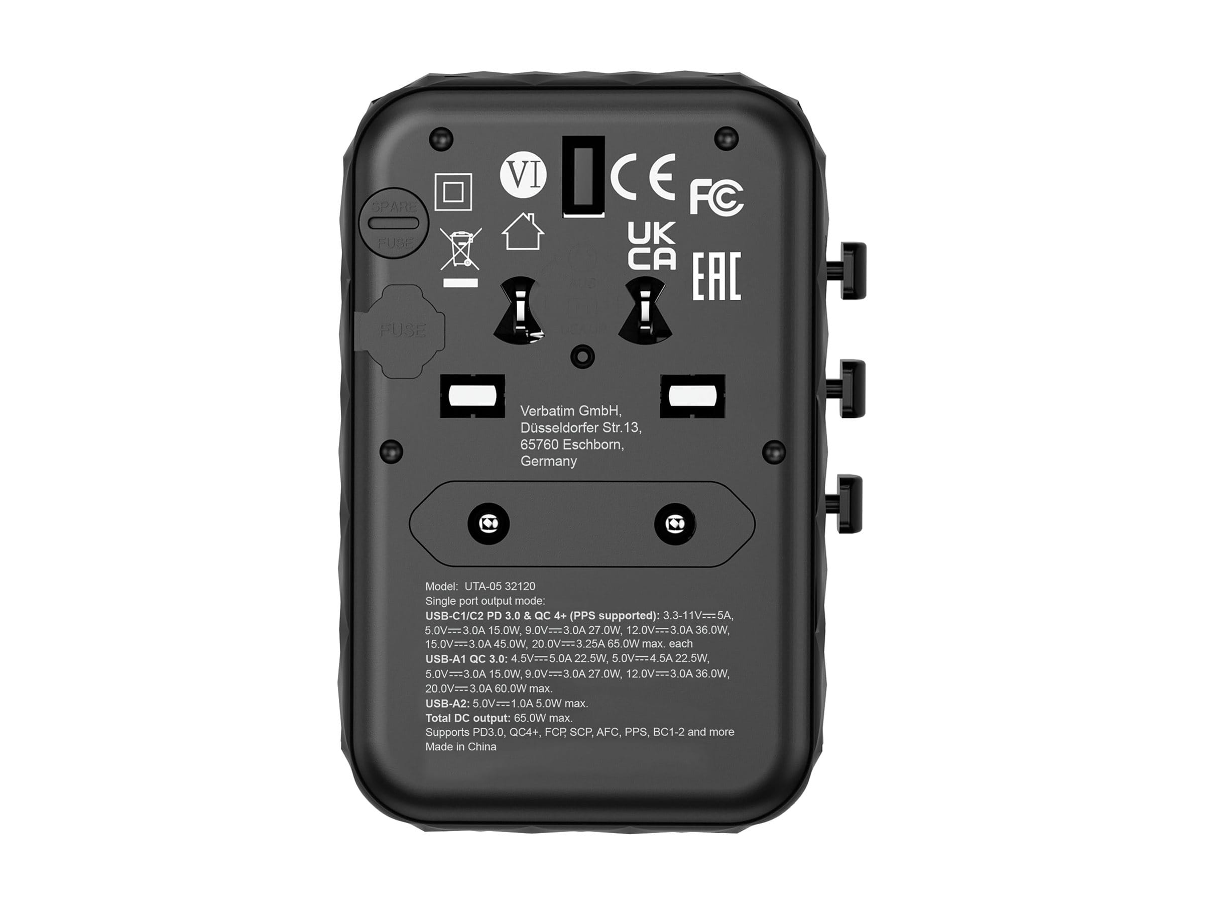 Verbatim UTA-05 - Netzteil - GaN III, Universal - 65 Watt - 5 A - PD 3.0, QC 4.0+, QC 3.0, Fast Charge, Super Charge, Apple Fast Charge, PD/PPS, USB BC 1.2 - 4 Ausgabeanschlussstellen (2 x USB-C, 2 x USB)