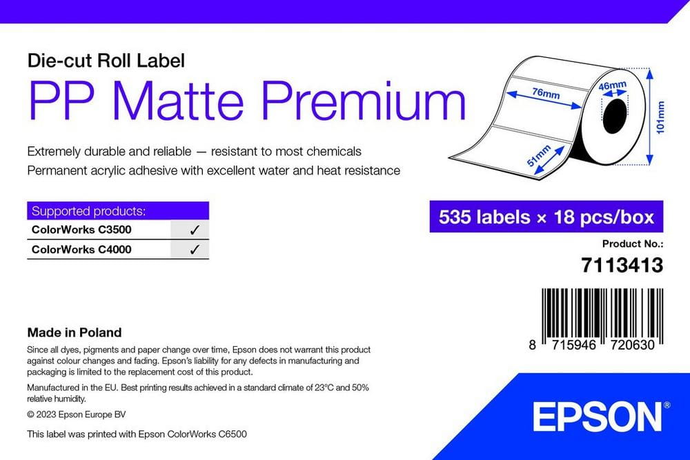 Epson Premium - Polypropylen (PP) - matt - permanenter Acrylklebstoff - 76 x 51 mm 9630 Etikett(en) (18 Rolle(n)