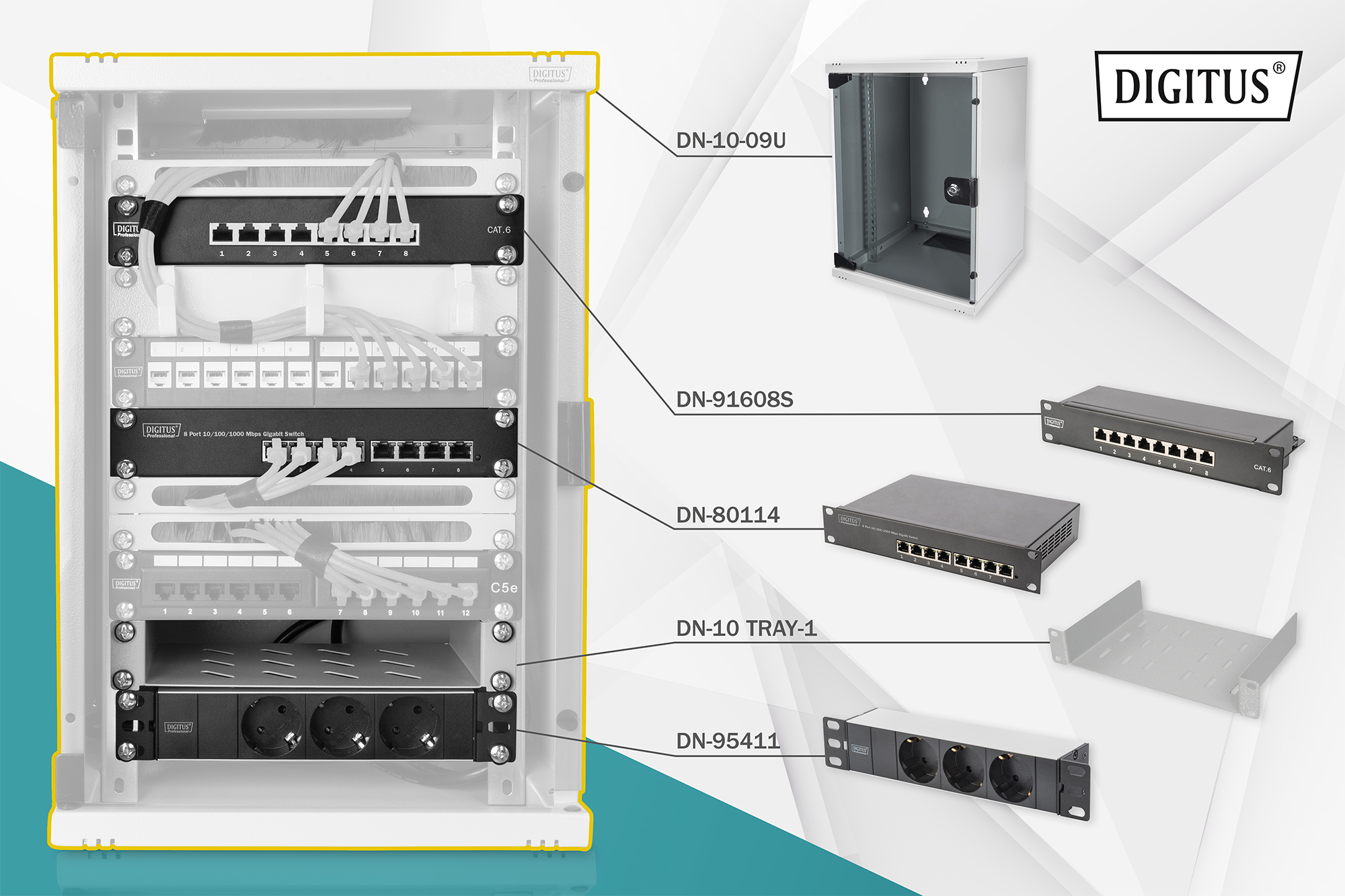 DIGITUS Netzwerk-Set 254 mm (10") - 9HE, 312 x 300 mm (B x T)