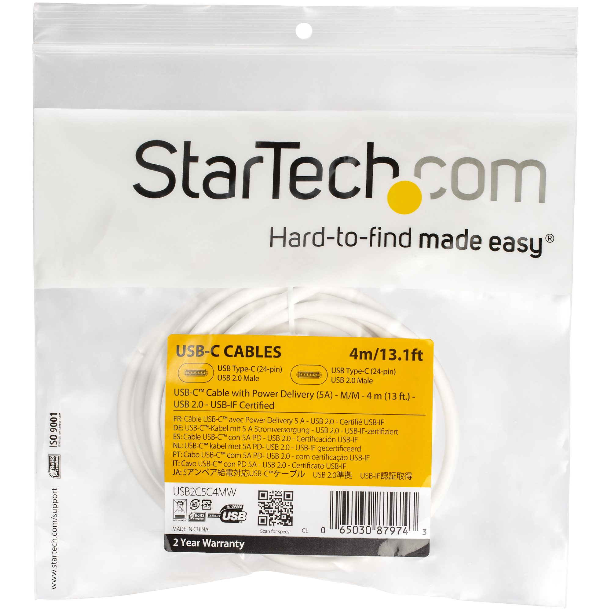 StarTech.com USB-C auf USB-C Kabel mit 5A Power Delivery - 4m - Weiss - ST/ST - USB 2.0 - USB-IF zertifiziert - USB Typ C Kabel - USB-Kabel - 24 pin USB-C (M)