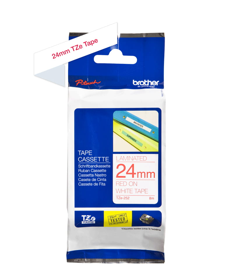 Brother TZe-252 - Standard-Klebstoff - Rot auf Weiß - Rolle (2,4 cm x 8 m)