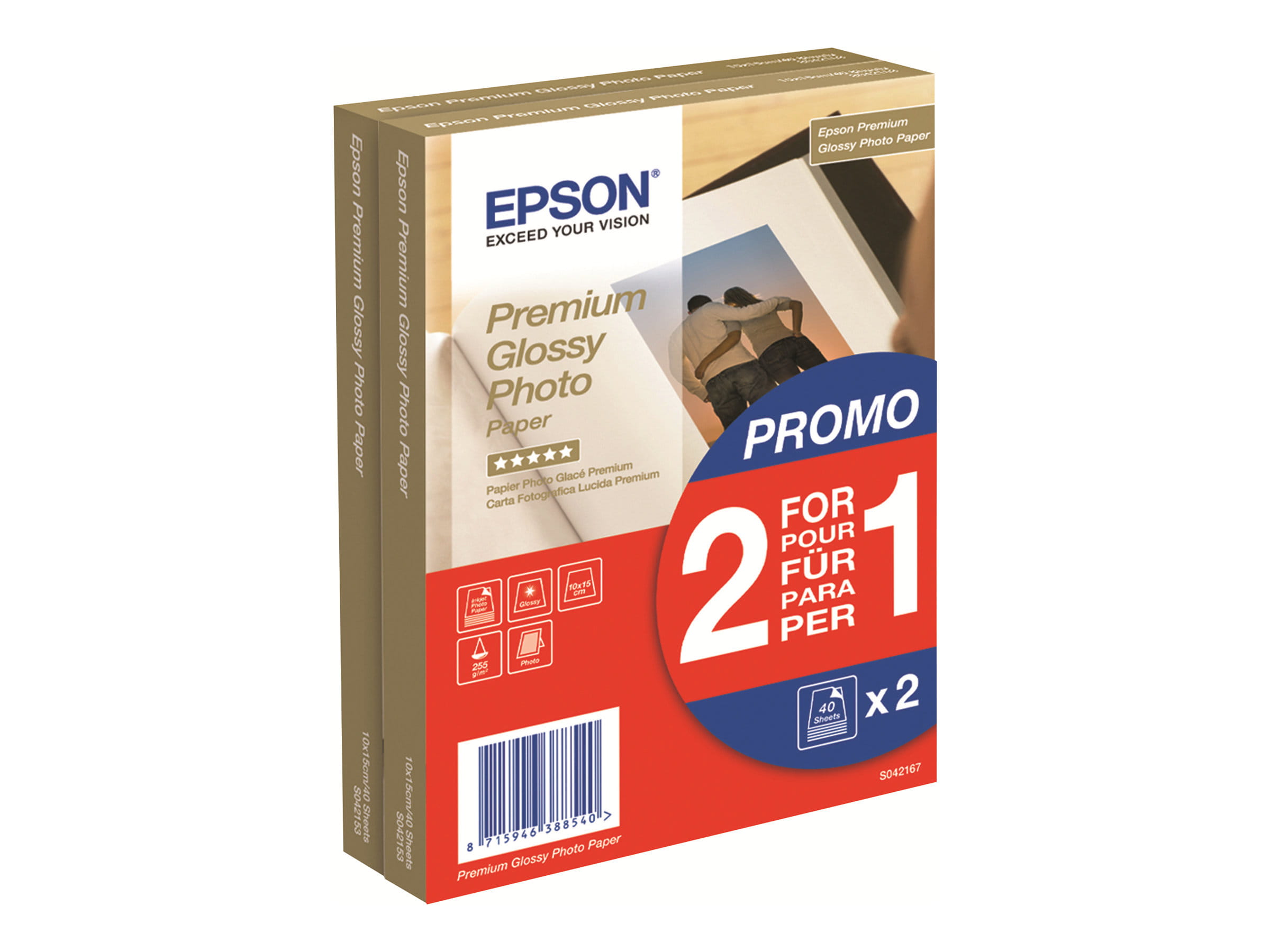 Epson Premium Glossy Photo Paper BOGOF - Glänzend - 100 x 150 mm - 255 g/m² - 40 Blatt Fotopapier (Packung mit 2)