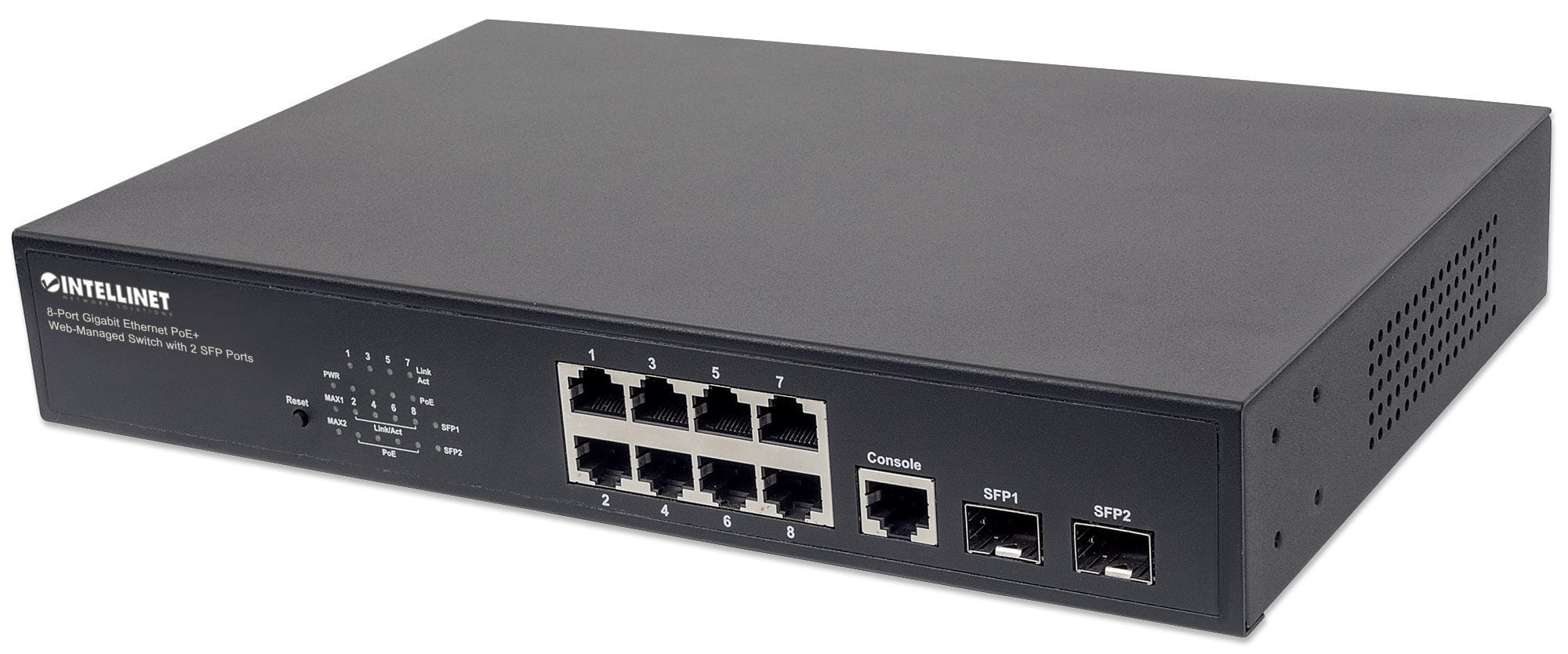 Intellinet 8-Port Gigabit Ethernet Web-Managed PoE+ Switch mit 2 SFP-Ports, 8 x PoE-Ports, IEEE 802.3at/af Power over Ethernet (PoE+/PoE)