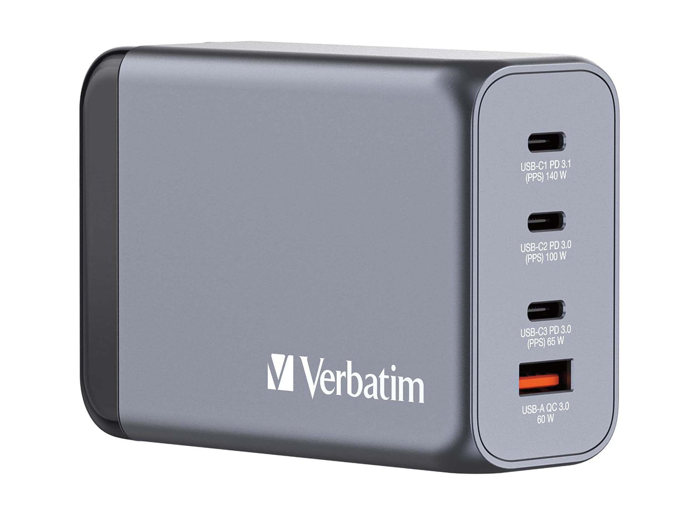 Verbatim Netzteil - GaN - 240 Watt - 5 A - PD 3.0, QC 3.0, Power Delivery 3.1, PD/PPS - 4 Ausgabeanschlussstellen (USB Typ A, 3 x USB-C)