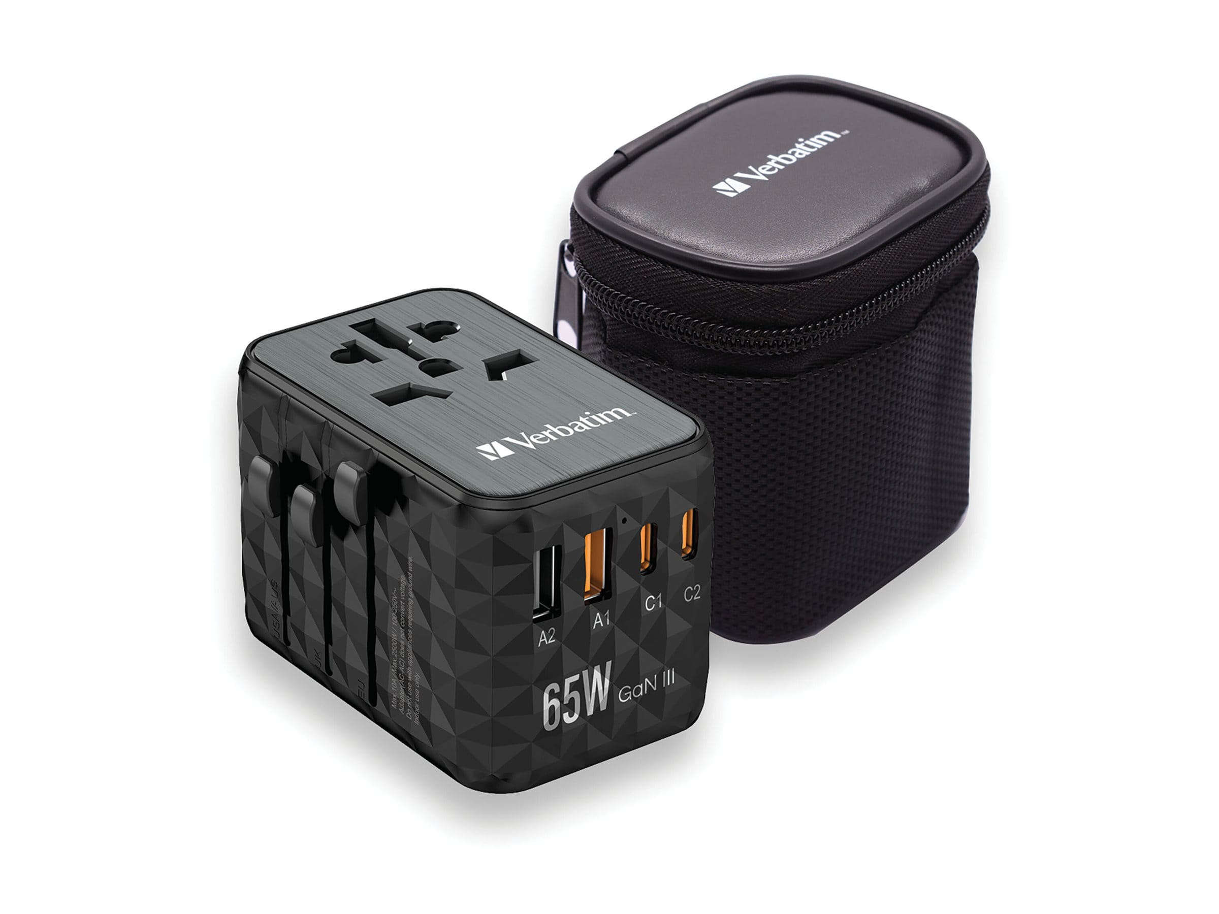 Verbatim UTA-05 - Netzteil - GaN III, Universal - 65 Watt - 5 A - PD 3.0, QC 4.0+, QC 3.0, Fast Charge, Super Charge, Apple Fast Charge, PD/PPS, USB BC 1.2 - 4 Ausgabeanschlussstellen (2 x USB-C, 2 x USB)