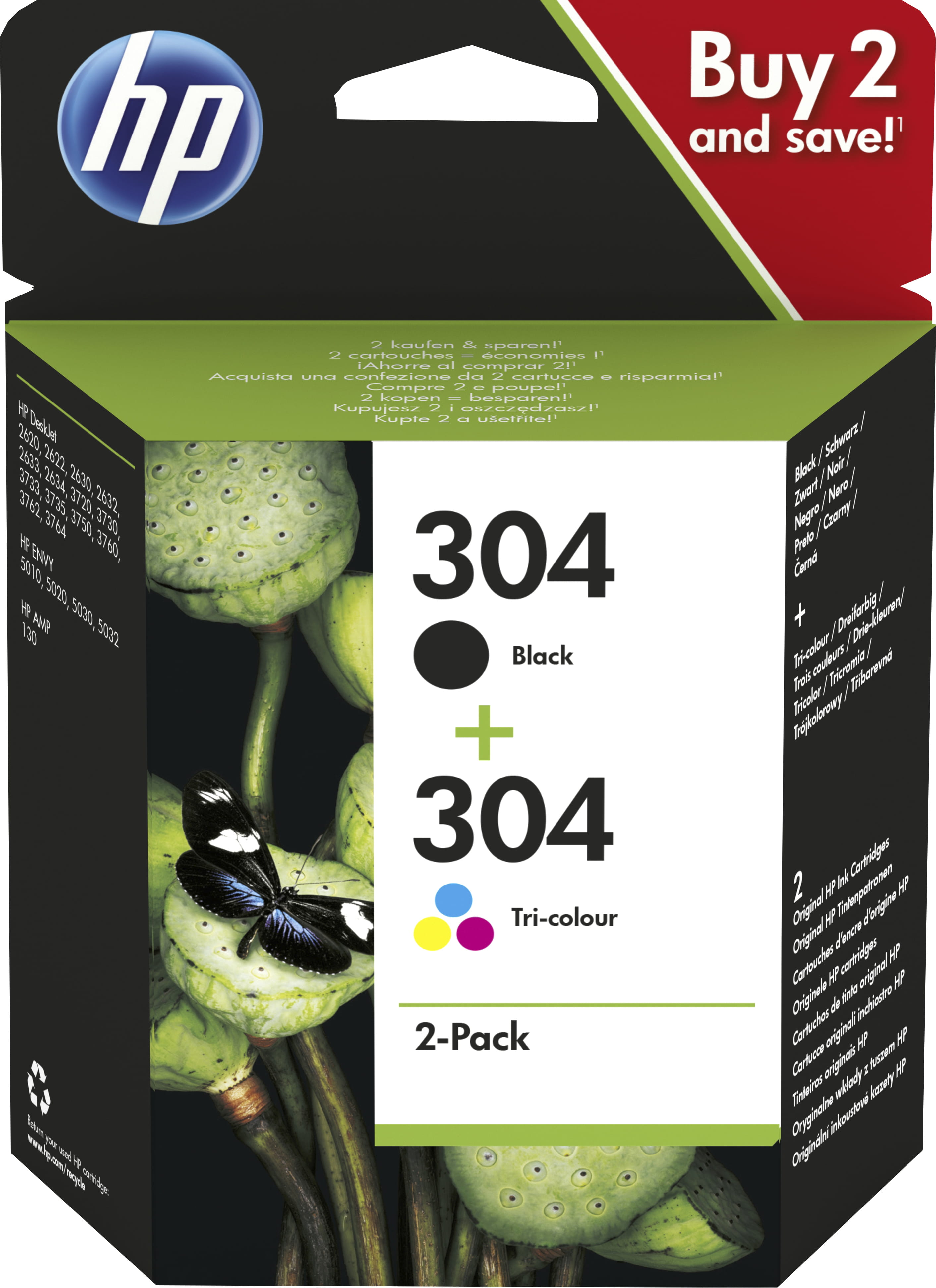 HP 304 - 2er-Pack - Farbe (Cyan, Magenta, Gelb), pigmentiertes Schwarz