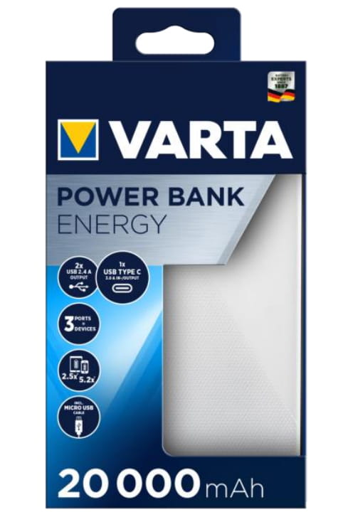 Varta Energy - Powerbank - 20000 mAh - 74 Wh - 15 Watt - 3 Ausgabeanschlussstellen (2 x USB, USB-C)