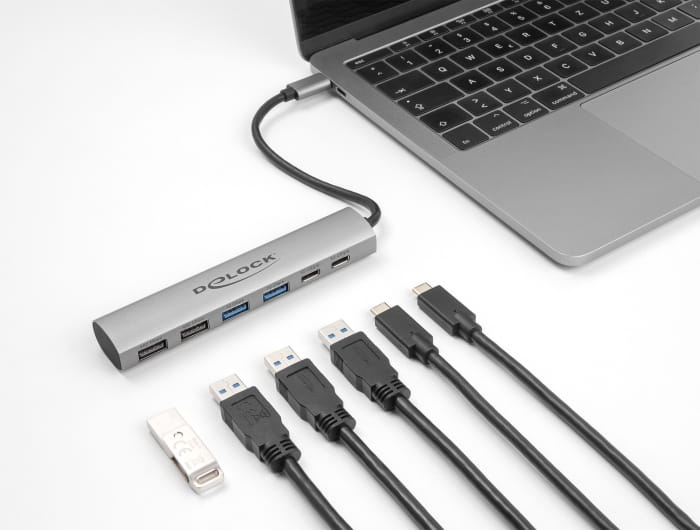 Delock 6 Port USB Hub mit 4 x USB Typ-A Buchse und 2 x USB Type-C Buchse, Kabelgebunden, USB 3.2 Gen 1 (3.1 Gen 1) Type-A + Type-C, Grau, Aluminium, 25 mm, 125 mm