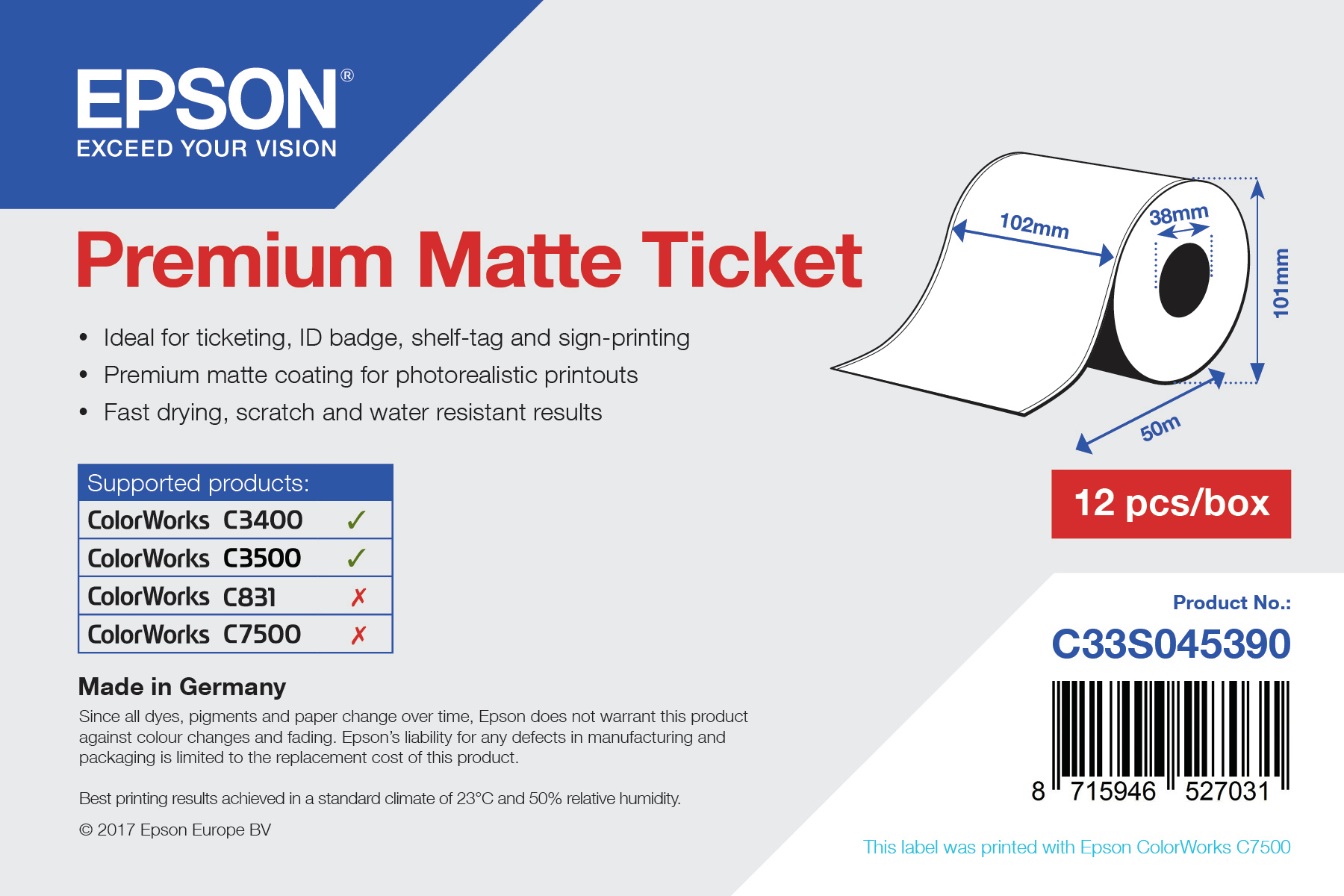 Epson Premium - Matt - Rolle (10,2 cm x 50 m) 1 Rolle(n) Tickets