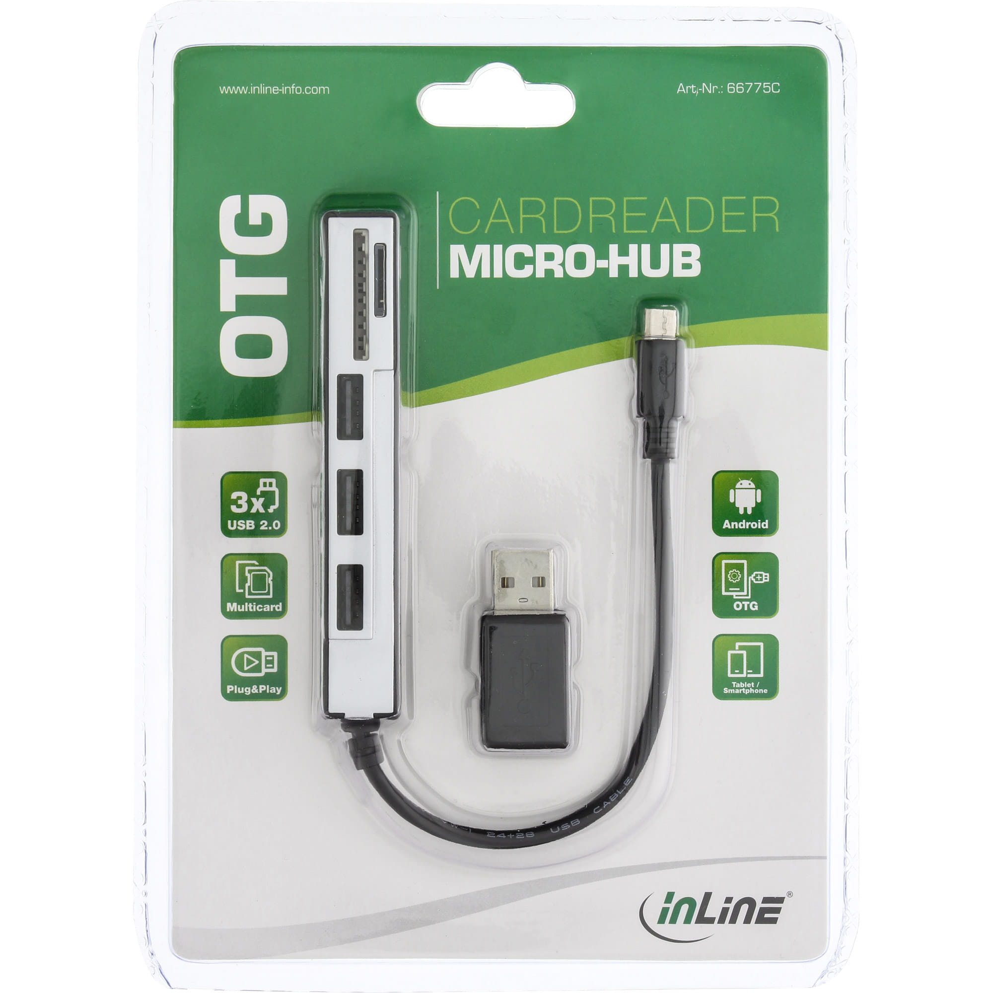 InLine USB OTG Cardreader & 3-fach USB 2.0 Hub - für SDXC/microSD - mit Adapter
