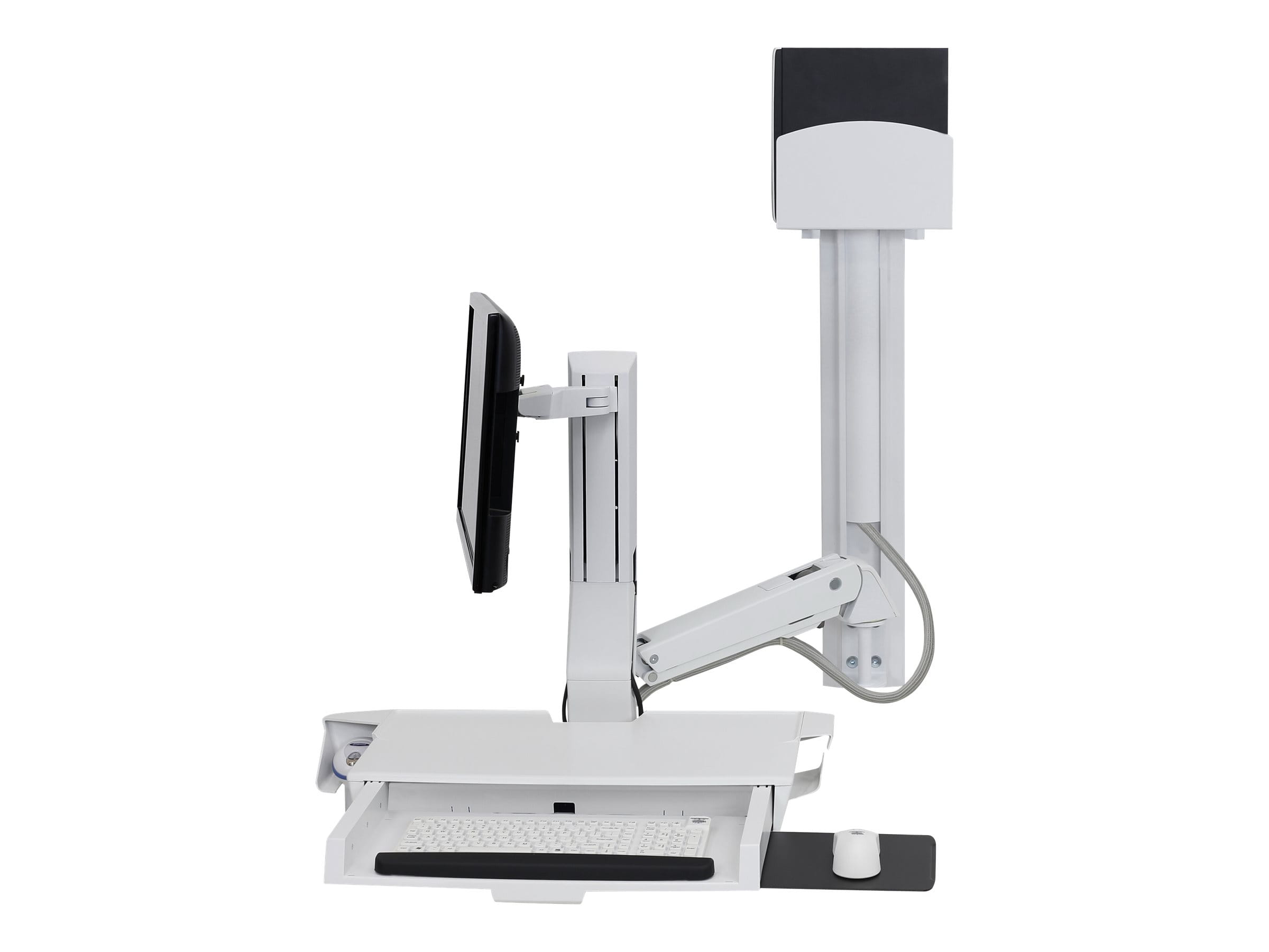 Ergotron SV Combo System with Worksurface & Pan, Small CPU Holder - Befestigungskit (CPU-Halter, Handgelenkkissen, Wandmontagehalterung, Schienenmontage Halterungsset, Mausablage zum Herausziehen, Monitorhalterung, Ablage für Barcode-Scanner und Maus, C