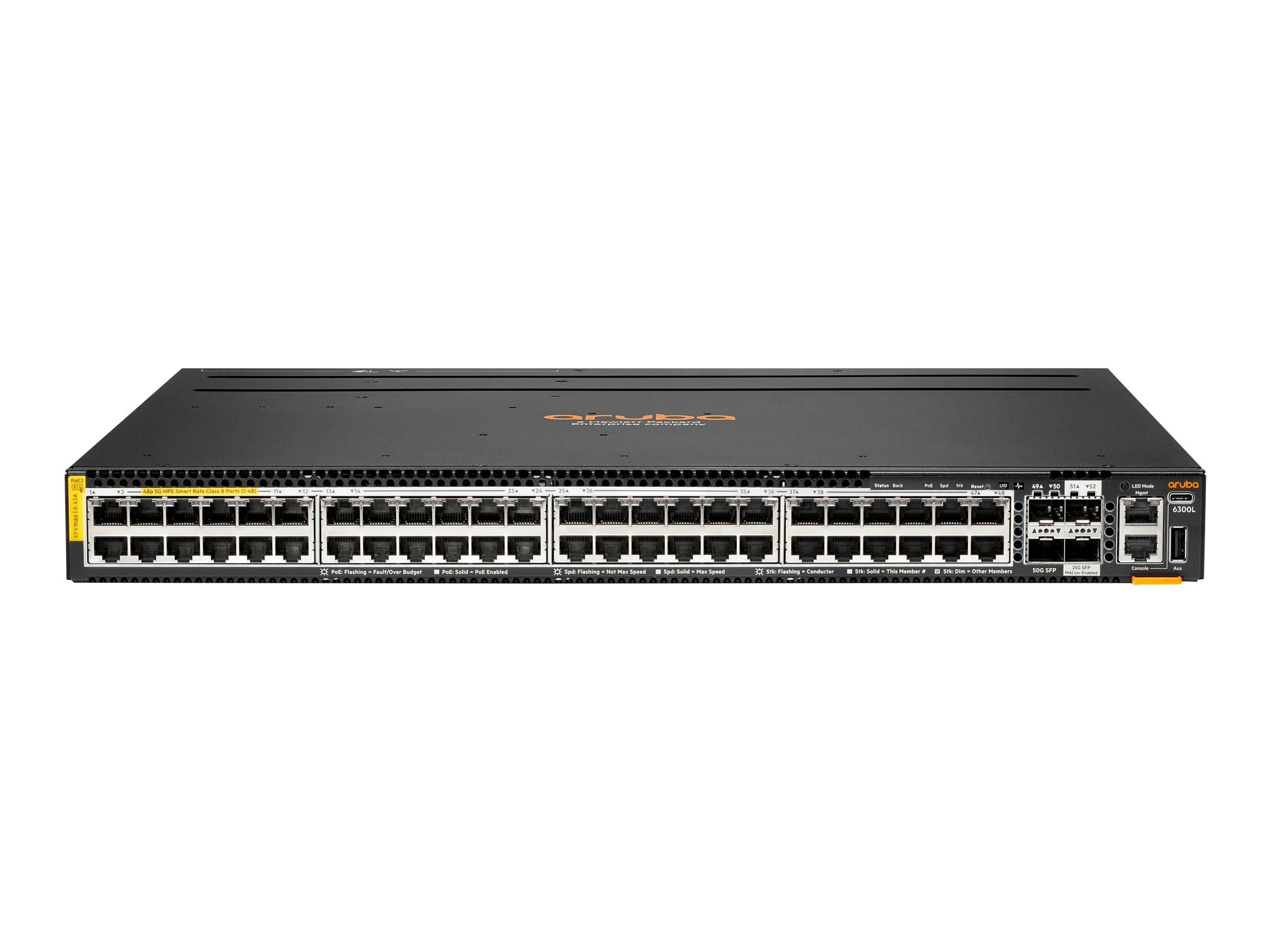 HPE Aruba Networking 6300L 48p Smart Rate 100M/1G/2.5G/5G CL8 2p SFP56 50G 2p SFP28 25G L2 Switch - Switch - L3 - 48 x 100/1000/2.5G/5G (PoE++)