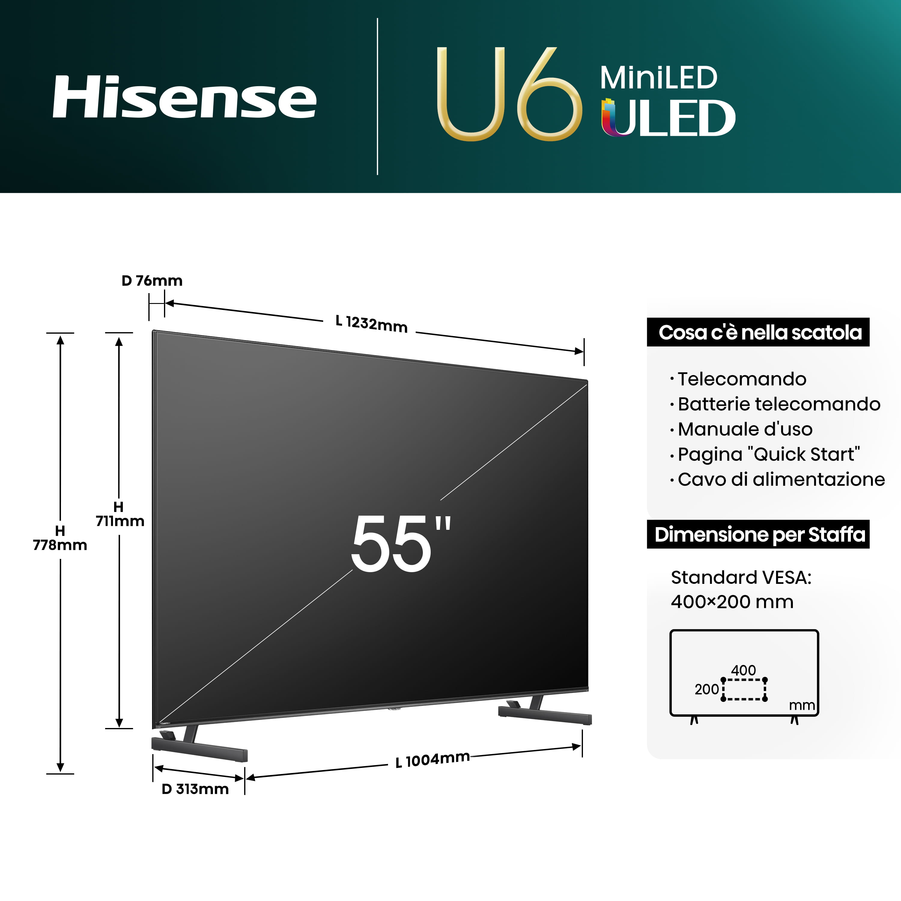 Hisense 55U6NQ - 139 cm (55") Diagonalklasse U6NQ Series LCD-TV mit LED-Hintergrundbeleuchtung - ULED Mini LED - Smart TV - VIDAA - 4K UHD (2160p)