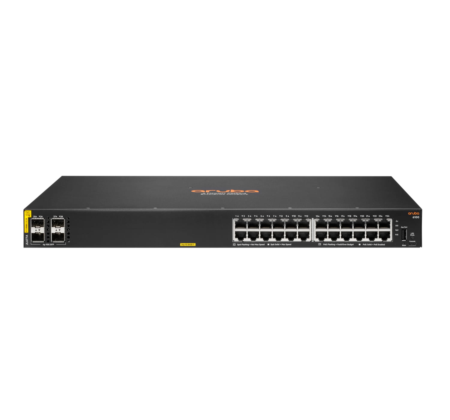 HPE Aruba 6100 24G Class4 PoE 4SFP+ - Switch - managed - 24 x 10/100/1000 + 4 x 1 Gigabit / 10 Gigabit SFP+ - Seite-zu-Seite-Luftstrom - an Rack montierbar - PoE+ (370 W)