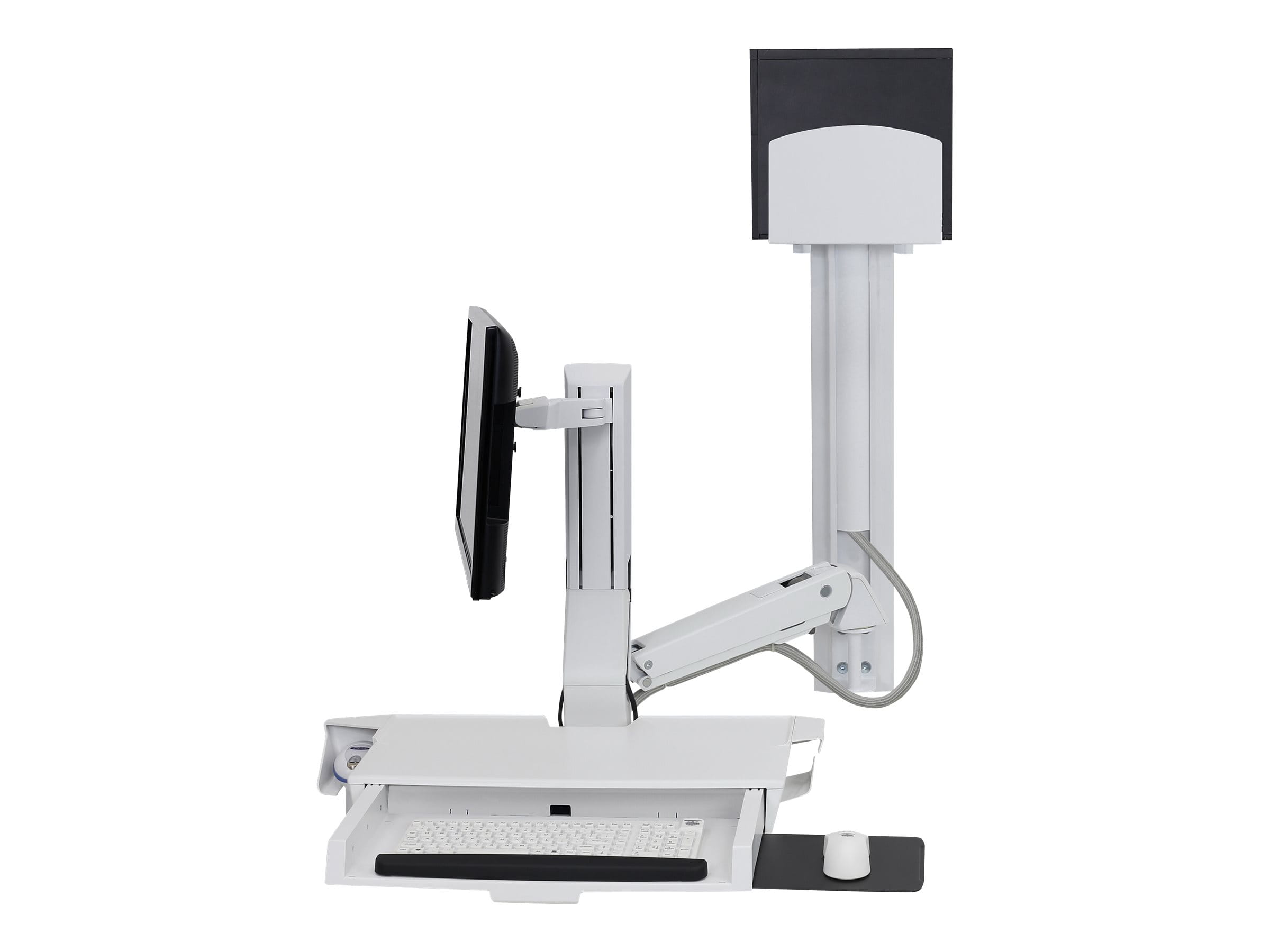 Ergotron SV Combo System with Worksurface & Pan, Medium CPU Holder - Befestigungskit (CPU-Halter, Handgelenkkissen, Wandmontagehalterung, Schienenmontage Halterungsset, Mausablage zum Herausziehen, Monitorhalterung, Ablage für Barcode-Scanner und Maus, 