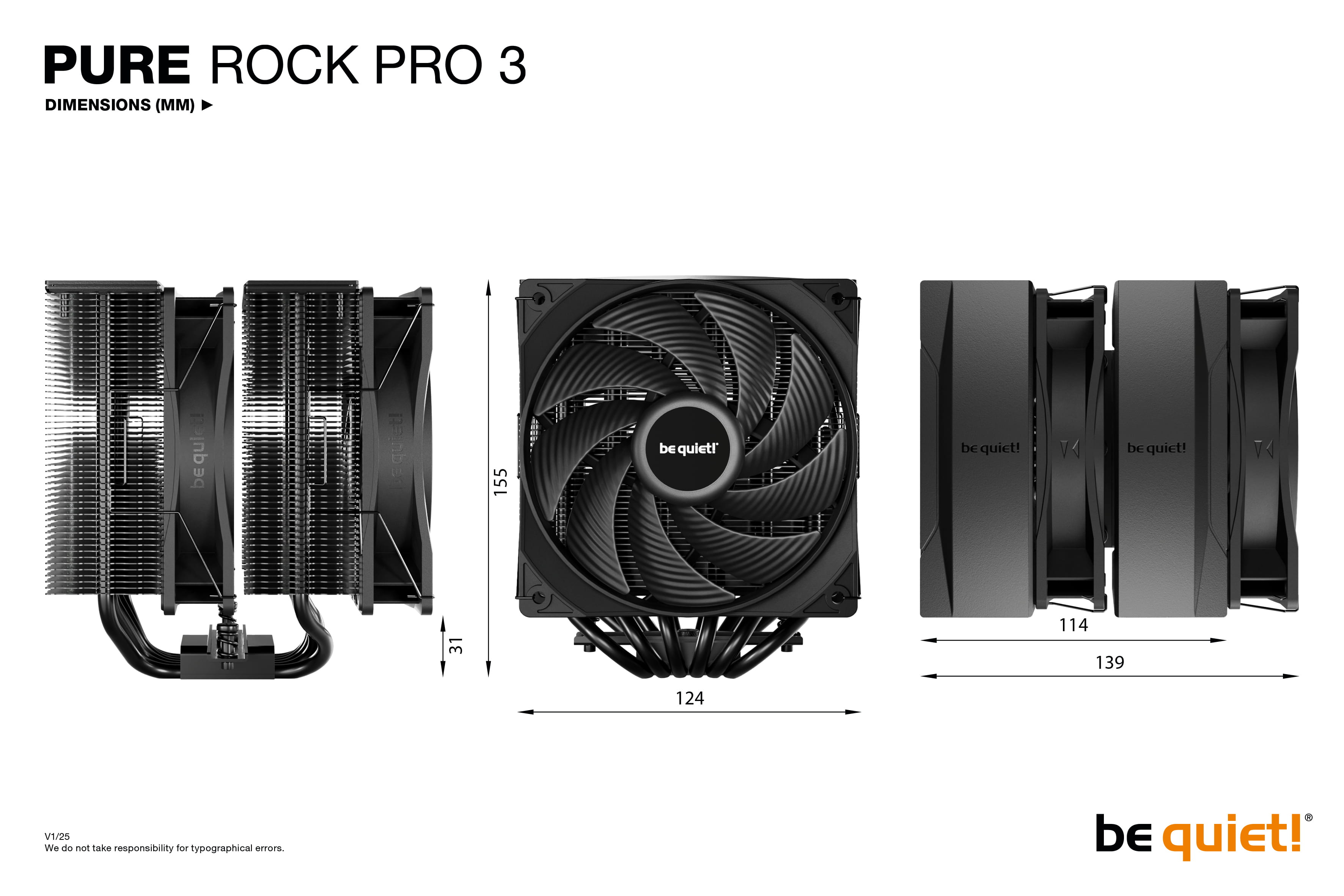 Be Quiet! Pure Rock Pro 3 Black, Luftkühlung, 12 cm, 2000 RPM, 101,2 m³/h, Schwarz